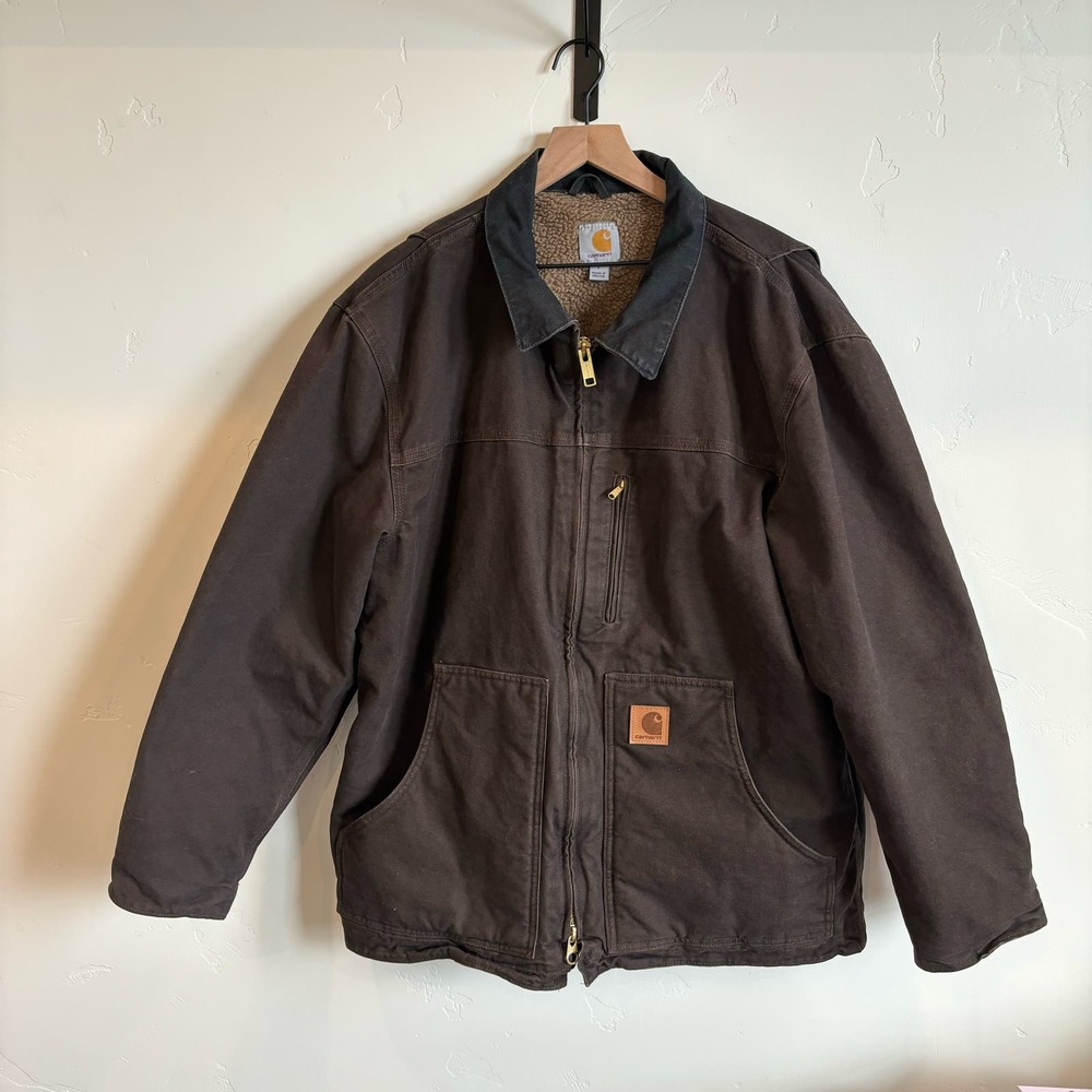 EUC Carhartt C61 Jacket Sandstone Ridge Coat Sherpa Lined Dark Brown Mens Large